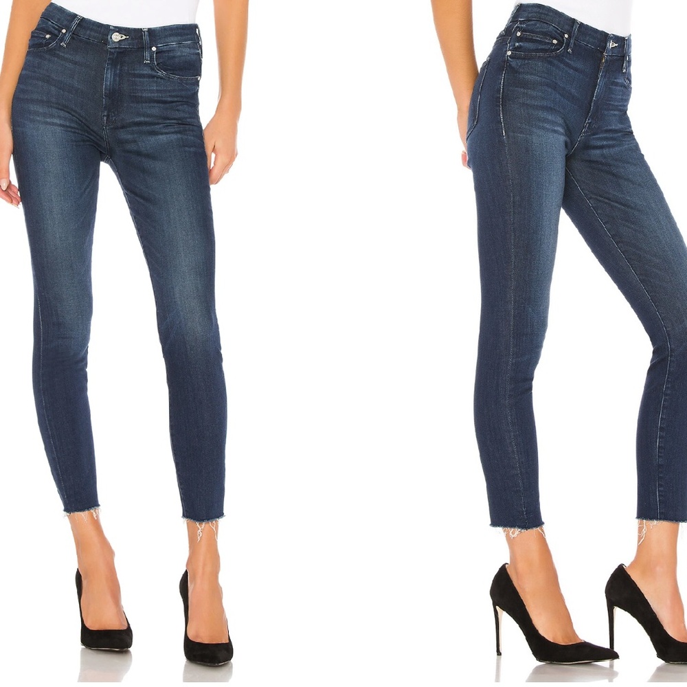 MOTHER Denim High Waisted Looker Ankle Fray Dark Wash Jeans | Tongue and Chic